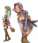  armor boots copyright_request elf facial_scar fantasy flat_chest green_hair helmet long_hair multiple_girls nose_scar pointy_ears red_eyes red_hair sasagawa_(haikaiki) scar sword thighhighs weapon 