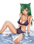  :o animal_ears breasts casual_one-piece_swimsuit cleavage copyright_request green_hair large_breasts leg_up one-piece_swimsuit sitting solo swimsuit ueyama_michirou water yellow_eyes 