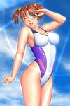  ;d arm_up armpits bangs blue_eyes blush breasts cleavage clenched_hand cloud competition_swimsuit covered_nipples day earrings eyelashes fingernails game_cg hair_bobbles hair_ornament highleg highleg_swimsuit impossible_clothes impossible_swimsuit jewelry large_breasts long_fingernails looking_at_viewer mifune_chiho one-piece_swimsuit one_eye_closed open_mouth outdoors parted_bangs red_eyes salute short_hair short_twintails sister_mermaid sky smile solo standing swimsuit thighs tsukasa_jun twintails 