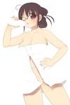  arima_senne blending blush collarbone glasses hand_on_hip kashiwamochi_yomogi milk naked_towel navel original solo towel 