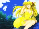  blonde_hair dress kobayashi_yuuji neon_genesis_evangelion panties solo souryuu_asuka_langley underwear wallpaper yellow_dress 