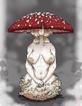  2019 anthro areola big_breasts breasts dot_eye female fungi_fauna fungus geier hair hair_over_eye humanoid looking_at_viewer monster mushroom nipples not_furry nude simple_background smile solo wide_hips 