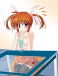  amicis blush brown_hair cup flat_chest kneeling lyrical_nanoha mahou_shoujo_lyrical_nanoha miniskirt nipple_slip nipples purple_eyes raising_heart skirt solo takamachi_nanoha thighhighs twintails 