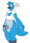  2019 anthro artbyyellowdog avian beak bird blue_eyes blue_feathers blush bottomless clothed clothing dialogue embarrassed english_text erection feathers humanoid_penis looking_at_viewer male meme navel partially_clothed penis shirt simple_background smile solo sweat text tweetfur twitter uncut white_background 