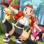  ariados bike_shorts blue_hair breasts capture_styler covered_nipples gen_2_pokemon gen_3_pokemon gloves grass headband hinata_(pokemon) large_breasts legs lowres plusle pokemoa pokemon pokemon_(creature) pokemon_ranger pokemon_ranger_uniform purple_eyes shoes skin_tight sneakers spandex squatting thighhighs tight torn_clothes tree uniform 