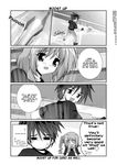  1boy 1girl =_= blush blush_stickers caro_ru_lushe comic erio_mondial fingerless_gloves gloves greyscale hard_translated heart lyrical_nanoha magic_circle mahou_shoujo_lyrical_nanoha_strikers mikage_takashi military military_uniform monochrome rocket_engine staff translated uniform 