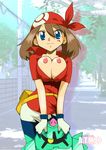  alternate_breast_size artist_request bandana bike_shorts blue_eyes breasts brown_hair gloves gundam haruka_(pokemon) lamppost large_breasts mobile_suit_gundam nipples no_bra open_clothes open_shirt pokemon shirt standing tree zock 