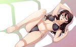  barefoot bikini breasts brown_eyes brown_hair cameltoe covered_nipples glasses gundam gundam_00 hand_on_own_head highres kati_mannequin large_breasts long_hair lying mole mole_under_mouth navel on_back open_mouth solo swimsuit tadano_akira wallpaper window_shade 