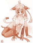  animal_ears artist_request boots breasts cleavage copyright_request cow cow_ears cow_girl cow_tail eyepatch horns katana large_breasts monochrome no_panties solo sword tail thigh_boots thighhighs weapon 