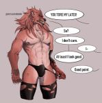  2019 5_fingers anthro bulge canid canine canis claws clothing dialogue digital_media_(artwork) english_text fur male mammal metalockdown_(artist) muscular nipples prosthetic red_eyes simple_background solo teeth text torn_clothing unseen_character were werecanid werecanine werewolf wolf 