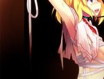  :d alice_margatroid armpits bandages bdsm black_background blonde_hair blush breasts budget_sarashi capelet choker green_eyes leash lowres open_mouth renee sarashi simple_background small_breasts smile solo source_request torn_clothes touhou upper_body 