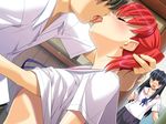  black_hair breast_grab breasts grabbing hand_under_clothes hand_under_shirt kiss open_mouth red_hair saliva school_uniform serafuku shirt surprise surprised 