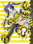  akimoto_dai animal_ears ass blue_eyes blue_hair hair_ornament hairclip long_hair original panties pantyshot solo striped striped_panties tail thighhighs twintails underwear waitress yellow 