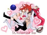  1girl artist_request bad_haro bow chocolate freckles gundam gundam_00 haro heart midriff nena_trinity one_eye_closed red_hair setsuna_f_seiei shorts thighhighs tongue valentine yellow_eyes 