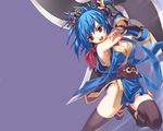  :d bangs blue_background blue_hair bracer breasts cleavage eyebrows_visible_through_hair hair_ornament hand_up holding holding_weapon japanese_clothes long_hair matsuryuu medium_breasts ninja_(ragnarok_online) obi open_mouth purple_legwear ragnarok_online red_eyes red_scarf sandals sash scarf shuriken simple_background smile solo thighhighs wallpaper weapon 