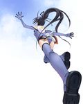  ass black_hair black_ribbon blue_gloves blue_legwear blue_leotard boots cloud from_behind gloves hair_ribbon ichijou_eika leotard long_hair motion_slit outstretched_arm outstretched_hand pilot_suit ponytail reaching ribbon satou_atsuki sky sky_girls solo thigh_boots thighhighs 