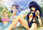  bikini blonde_hair blue_hair bracelet breasts cleavage day frilled_bikini frills green_eyes grey_hair hairband highres hrist_valkyrie jewelry kamishiro_midorimaru lake large_breasts lavender_hair lenneth_valkyrie long_hair multiple_girls navel non-web_source one-piece_swimsuit outdoors ponytail river sarong silmeria_valkyrie sitting skirt sky swimsuit valkyrie_profile valkyrie_profile_2 water white_sarong 