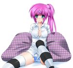  blue_eyes breasts cleavage large_breasts little_busters! long_hair masayu panties purple_hair saigusa_haruka shirt solo striped striped_legwear striped_panties thighhighs underwear 