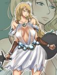  armor armored_dress blonde_hair braid breasts cleavage enoshima_iki green_eyes large_breasts long_hair no_bra see-through shield solo sophitia_alexandra soulcalibur sword weapon zoom_layer 