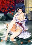  barefoot bath black_hair blue_hair breasts copyright_request feet highres kiya_shii large_breasts leaf nipples panties pubic_hair purple_eyes see-through sitting soaking_feet solo underwear water wet wet_clothes 