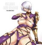  arm_support breasts earrings engrish enoshima_iki fingerless_gloves gloves hair_over_one_eye huge_breasts isabella_valentine jewelry plump ranguage revealing_clothes short_hair solo soulcalibur white_background 