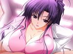  breast_press breasts choco_chip cleavage covered_nipples duplicate earrings game_cg huge_breasts jewelry labcoat lips lipstick makeup nurse_ni_omakase ponytail purple_eyes purple_hair solo sumeragi_sayaka 