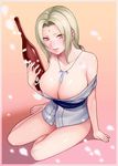  bad_id bad_pixiv_id barefoot blonde_hair bottle bottomless breasts cleavage huge_breasts looking_at_viewer naruto naruto_(series) no_panties red_eyes sake_bottle sitting solo tsunade yokozuwari yuzuriha_(active_homing) 