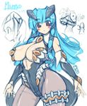  :o armor blue_hair bluesky_melty blush breasts cleavage cosplay demon_girl horns huge_breasts long_hair mel/a melmaid mound_of_venus navel red_eyes tail 