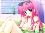 araiguma bath blush breasts bubble galge.com large_breasts long_hair nipples nude pink_hair purple_eyes solo wet 