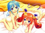  all_fours aqua_eyes barefoot bed demon_tail eyebrows_visible_through_hair fang feathered_wings from_above hair_bobbles hair_ornament head_wings lingerie long_hair looking_at_viewer mizuki_kotora multiple_girls niizuma_capriccio! on_bed open_mouth panties red_hair sitting smile suzushiro_honoka suzushiro_yukina tail underwear wariza white_wings wings 