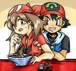  1girl bandana breast_grab breasts chopsticks food grabbing haruka_(pokemon) hetero holding holding_chopsticks medium_breasts noodles omusubii pokemon pokemon_(anime) ramen satoshi_(pokemon) 