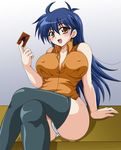  1girl age_progression arm_support ass big_breasts blue_hair blush breast_expansion breasts brown_eyes bust card crossed_legs erect_nipples holding holding_card large_breasts legs_crossed panties saotome_rei sitting solo thighhighs underwear upper_body white_panties yu-gi-oh! yuu-gi-ou yuu-gi-ou_(card) yuu-gi-ou_gx 