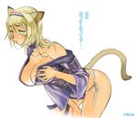  animal_ears blonde_hair breasts final_fantasy final_fantasy_xi green_eyes hairband huge_breasts japanese_clothes mithra panties robina side-tie_panties solo tail translated underwear 