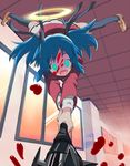  bad_id bad_pixiv_id blood bokusatsu_tenshi_dokuro-chan club crazy_eyes excalibolg foreshortening hallway halo hands harepore kanabou mitsukai_dokuro solo thighhighs weapon window 