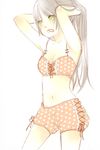  adjusting_hair armpits bloomers bra copyright_request green_eyes lingerie long_hair midriff mouth_hold solo underwear yuufuushi 
