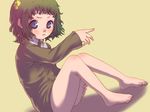  artist_request barefoot blue_eyes blush bottomless copyright_request feet green_hair pointing short_hair solo 