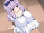  bb breasts dress green_eyes large_breasts purple_hair white_dress 