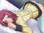  ashford_academy_uniform ass bed blue_eyes blush code_geass kallen_stadtfeld lying metadora panties red_hair school_uniform short_hair striped striped_panties thighhighs top-down_bottom-up underwear 