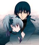  1girl akata_itsuki black_eyes black_hair couple darker_than_black grey_hair hair_ribbon hand_on_another's_head hei hetero hug jacket pink_eyes ponytail ribbon turtleneck yin 