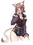  animal_ears brown_hair final_fantasy final_fantasy_xi finger_licking katy_(artist) licking mithra red_eyes solo tail 