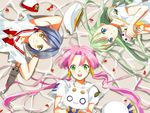  3girls :3 aika_granzchesta alice_carroll aria aria_pokoteng blue_eyes blue_hair bow circle_formation green_eyes green_hair hat hime_granzchesta long_hair lying mizunashi_akari multiple_girls o_o on_back petals pink_hair president_maa short_hair twintails uniform wading water yellow_eyes 