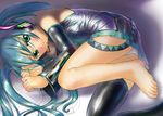  barefoot feet green_eyes green_hair hatsune_miku long_hair panties shoes single_shoe single_sock socks solo tarin_(furscoblus) thighhighs toes twintails underwear vocaloid 