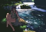  animal_ears azusa_(hws) barefoot bell bell_collar black_hair bow breasts brown_eyes casual_one-piece_swimsuit cat_ears cleavage collar feet landscape large_breasts leg_up legs long_hair long_legs nature one-piece_swimsuit original outdoors river scenery shade sidelocks sitting solo stream swimsuit thighs water waterfall 