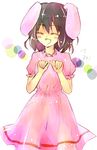  :d ^_^ ^o^ animal_ears bad_id bad_pixiv_id black_hair blush bunny_ears closed_eyes cowboy_shot dress inaba_tewi open_mouth paw_pose pink_dress puffy_short_sleeves puffy_sleeves sadashiki short_hair short_sleeves smile solo standing touhou 
