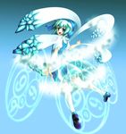  1girl alternate_wings aqua_eyes aqua_hair bad_id bad_pixiv_id bow cirno fang floating hair_bow highres ice kneehighs large_bow looking_back magic_circle open_mouth outstretched_arm rokushou_kokuu short_hair smile solo touhou white_legwear wings 