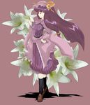 adapted_costume black_legwear floral_background flower from_side full_body hand_on_hip hat hinode_kakeru kneehighs lily_(flower) loafers long_hair patchouli_knowledge purple_background purple_hair shoes solo standing touhou 
