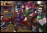  armchair black_border book book_stack border cat chair chan_co commentary_request crossed_legs earphones green_eyes hand_on_headwear hat lamp library lizard looking_at_viewer mouth_hold original pink_hair purple_legwear shoes shorts sneakers solo striped striped_legwear study_(room) thighhighs witch_hat 