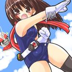  bad_id bad_pixiv_id belt brown_eyes brown_hair dd_(ijigendd) gloves kamen_rider kamen_rider_super-1 kamen_rider_super-1_(series) one-piece_swimsuit red_scarf scarf school_swimsuit solo swimsuit thighhighs 