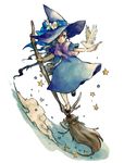  bird black_hair broom broom_riding flower grey_eyes hat hat_flower long_hair original smile solo standing star wavy_hair witch witch_hat yoki_(artist) 