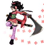  armor black_hair brown_eyes cherry_blossoms comb floral_print flower gauntlets hair_flower hair_ornament holding holding_sword holding_weapon japanese_armor japanese_clothes katana kimono kote kurokote left-handed long_hair masn_(moxi) momohime oboro_muramasa outstretched_arm panties sandals scabbard sheath short_kimono shoulder_armor smile sode solo sword thighhighs underwear unsheathed upskirt weapon 